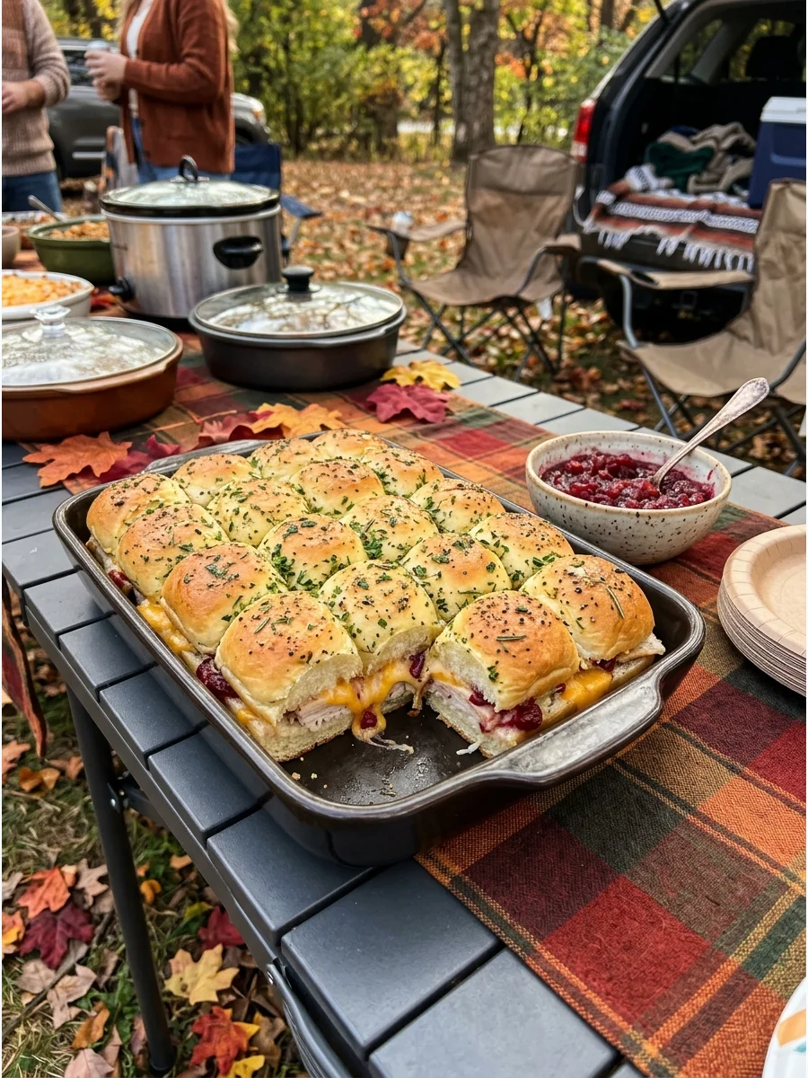 Baked turkey sliders with cranberry sauce on a baking sheet.