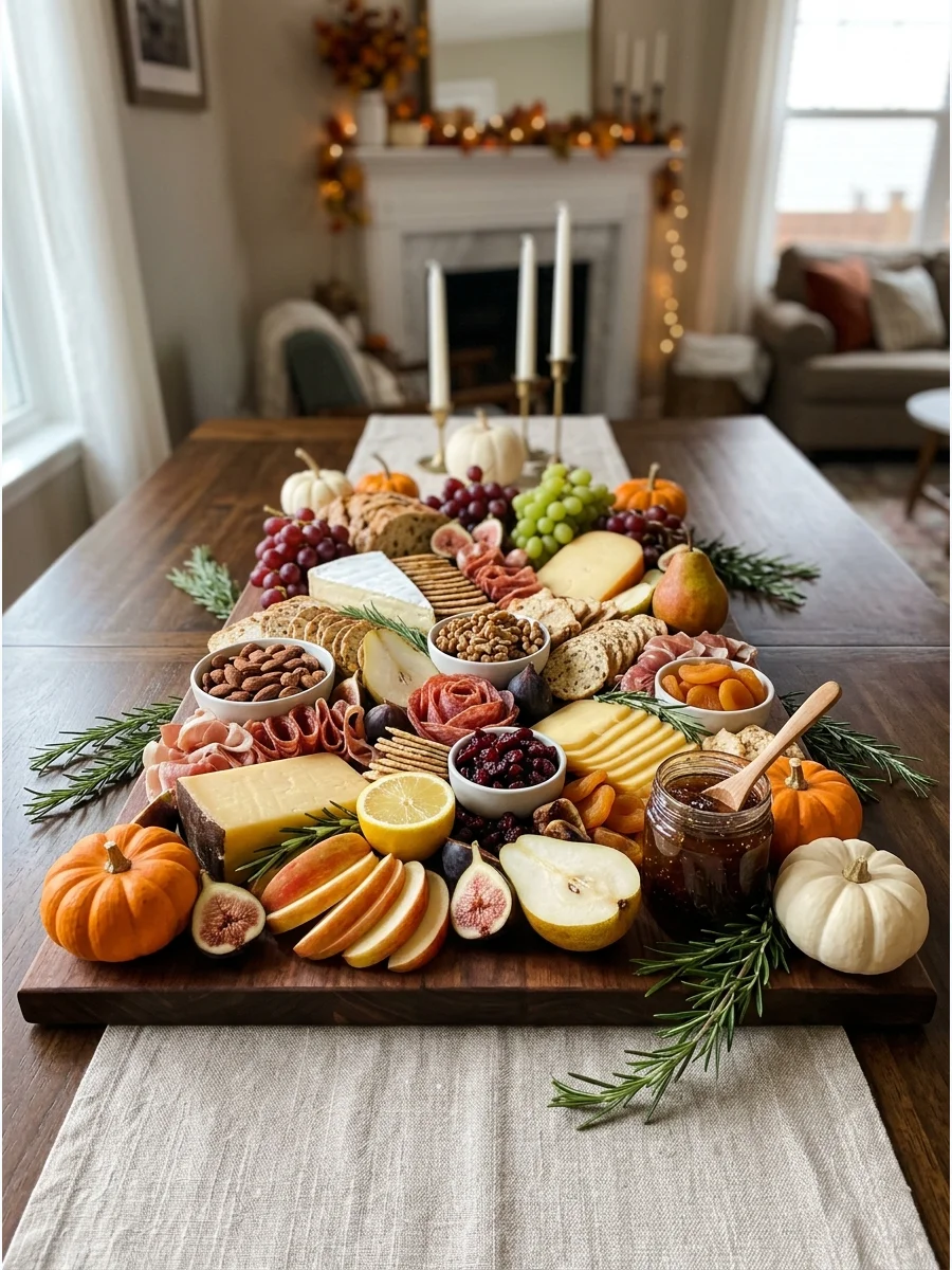A wooden charcuterie board featuring autumn fruits and cheeses.