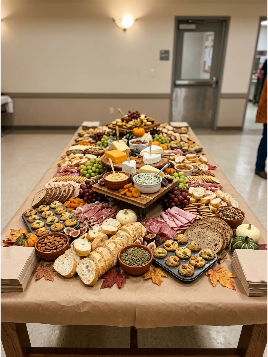 A large grazing table filled with seasonal breads and snacks.