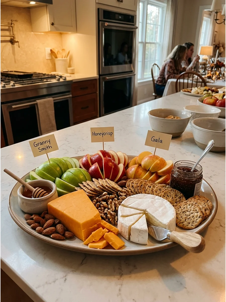 A platter featuring various apple slices and cheese wedges.