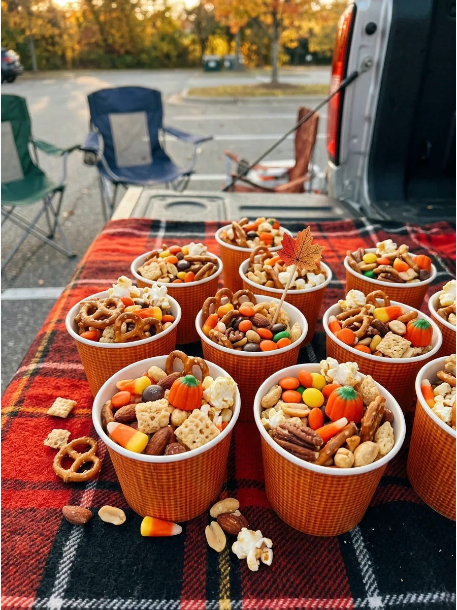 Individual servings of autumn snack mix in paper cups.