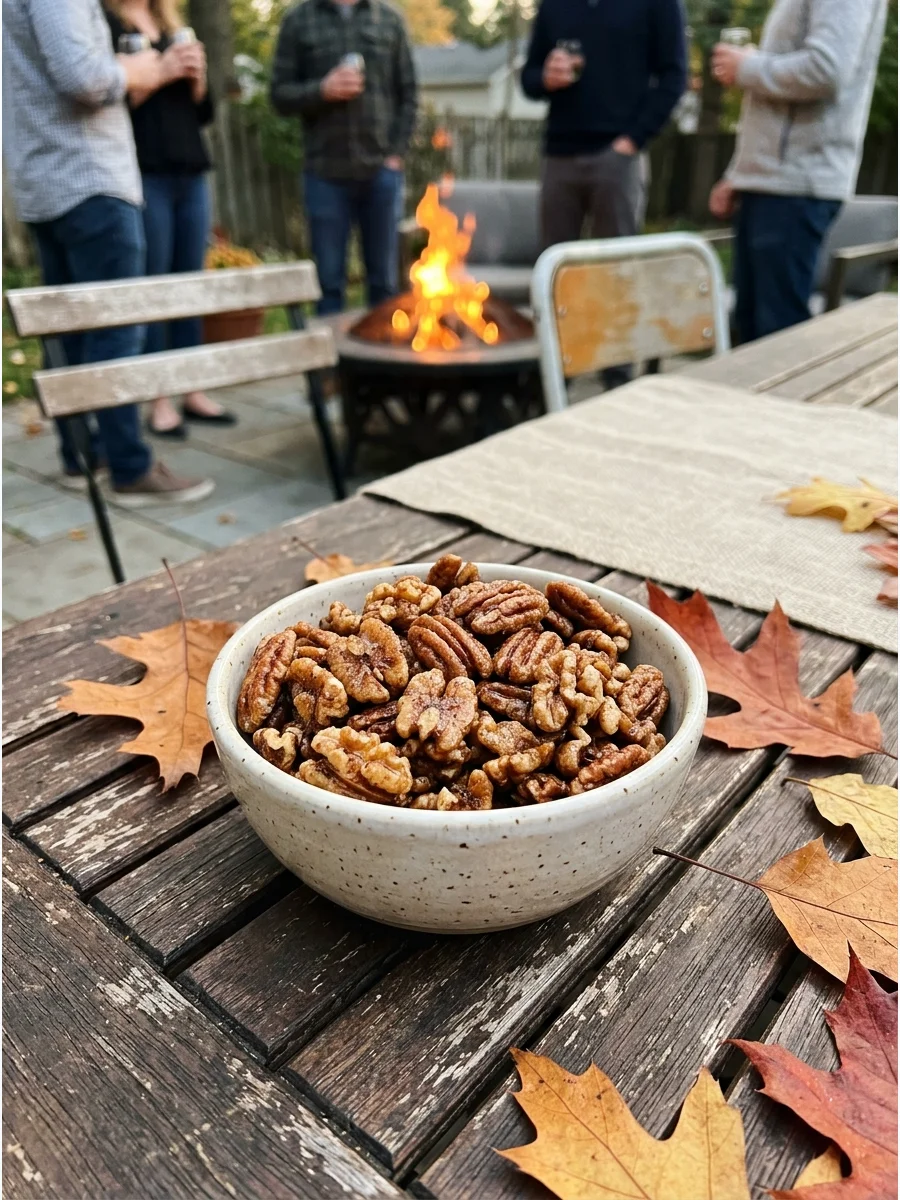 A bowl of maple roasted nuts on a rustic table.