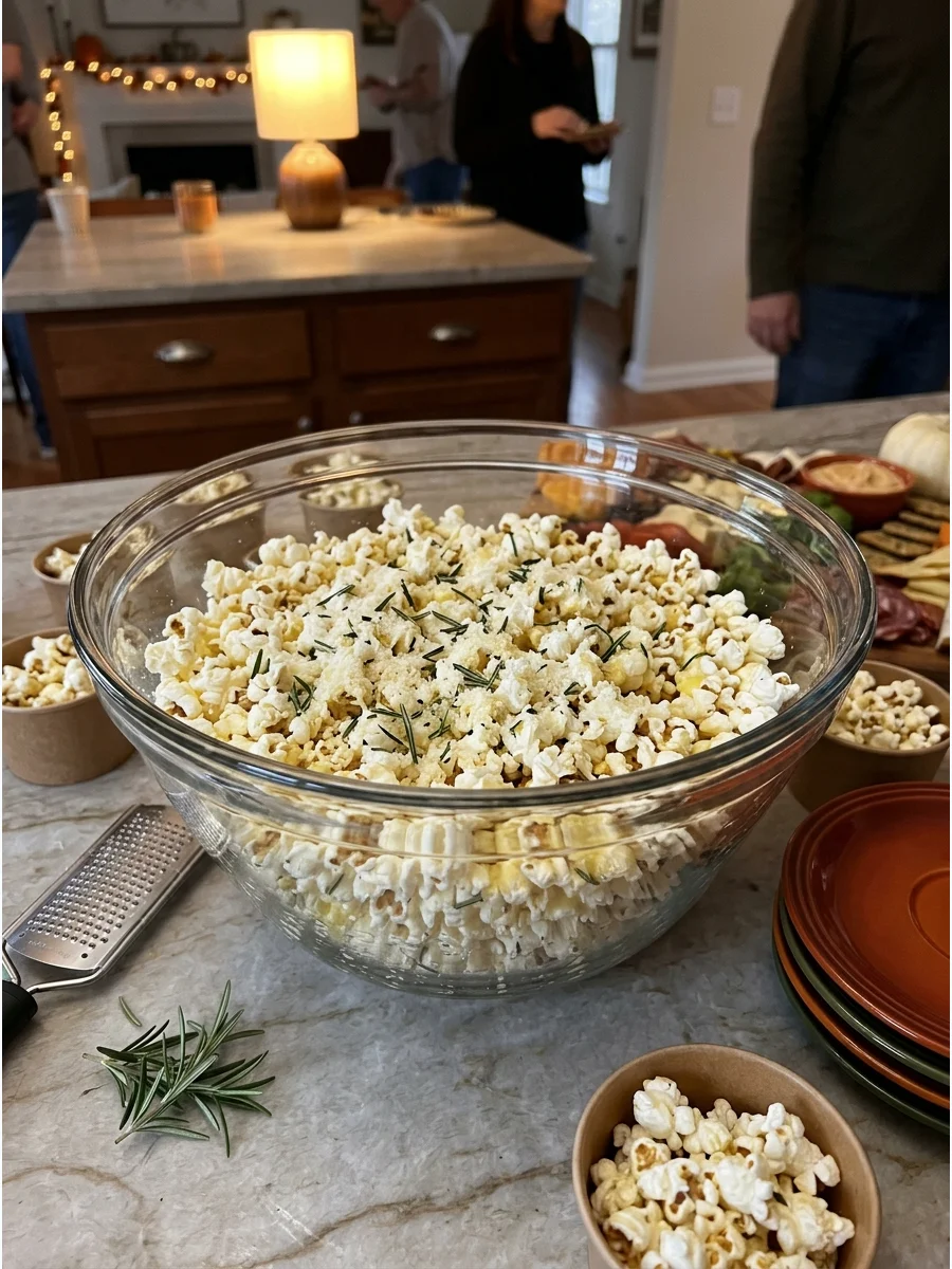 A large bowl of savory rosemary and parmesan popcorn.