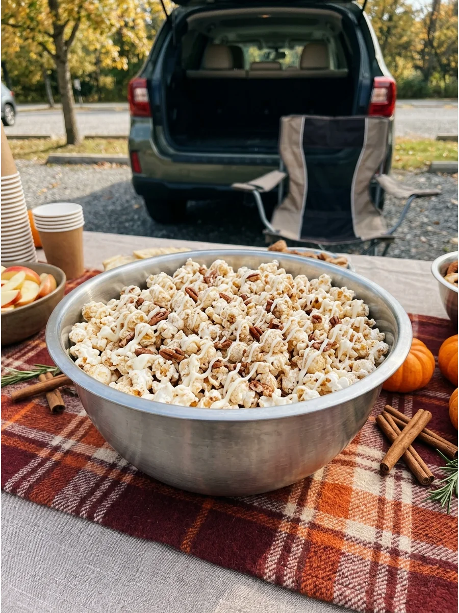 Sweet pumpkin spice popcorn with white chocolate drizzle.