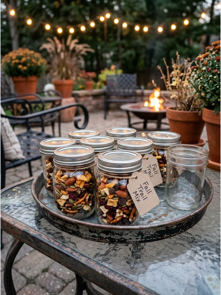 Mason jars filled with autumn-themed trail mix.