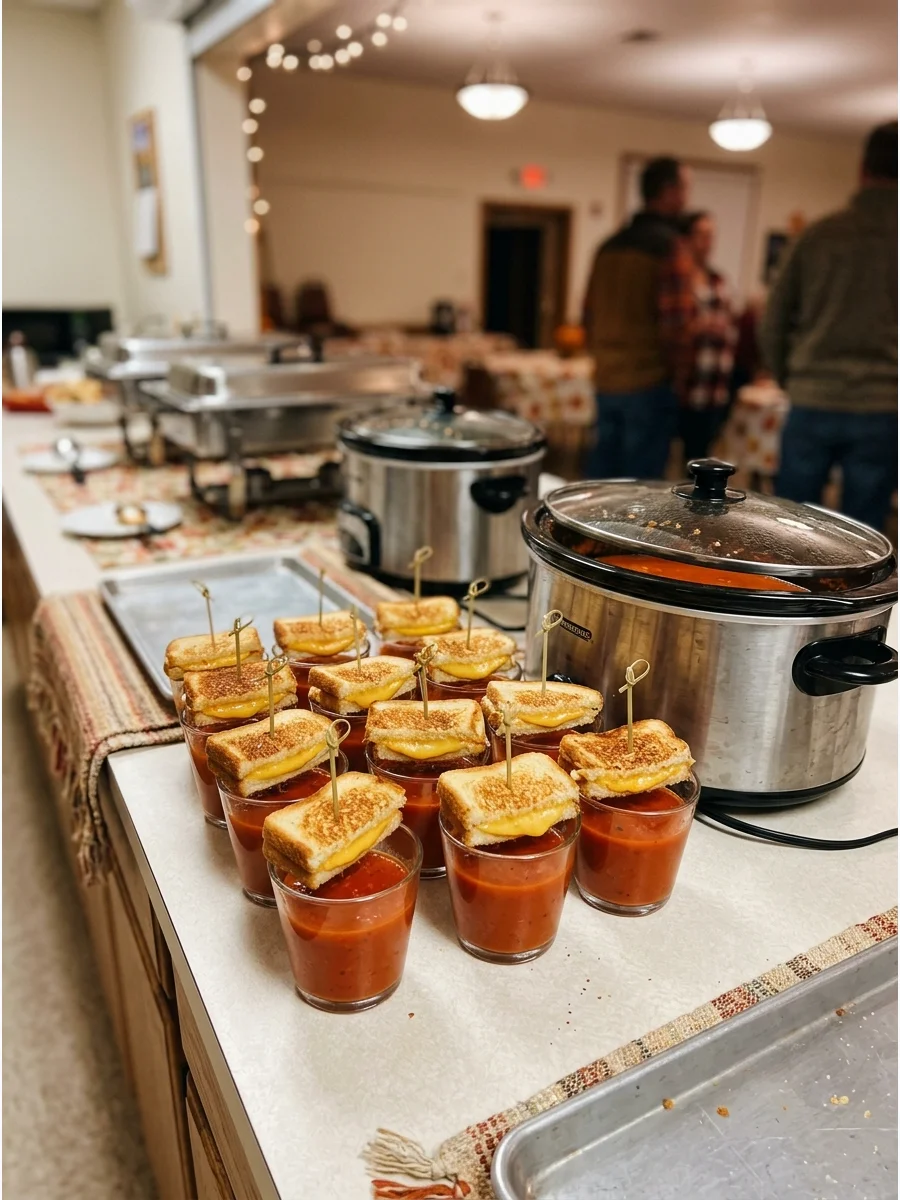 Tomato soup shooters topped with mini grilled cheese triangles.