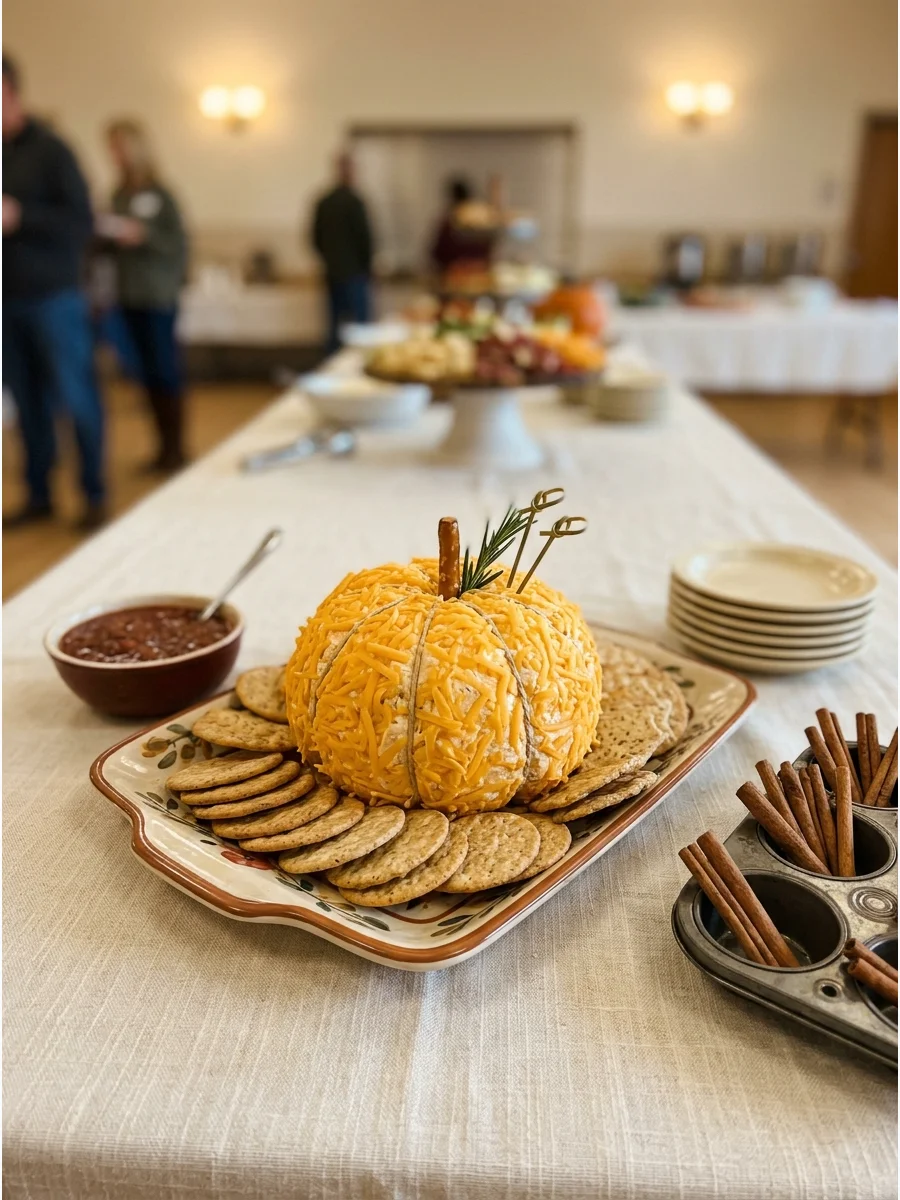 A pumpkin-shaped cheese ball on a platter.