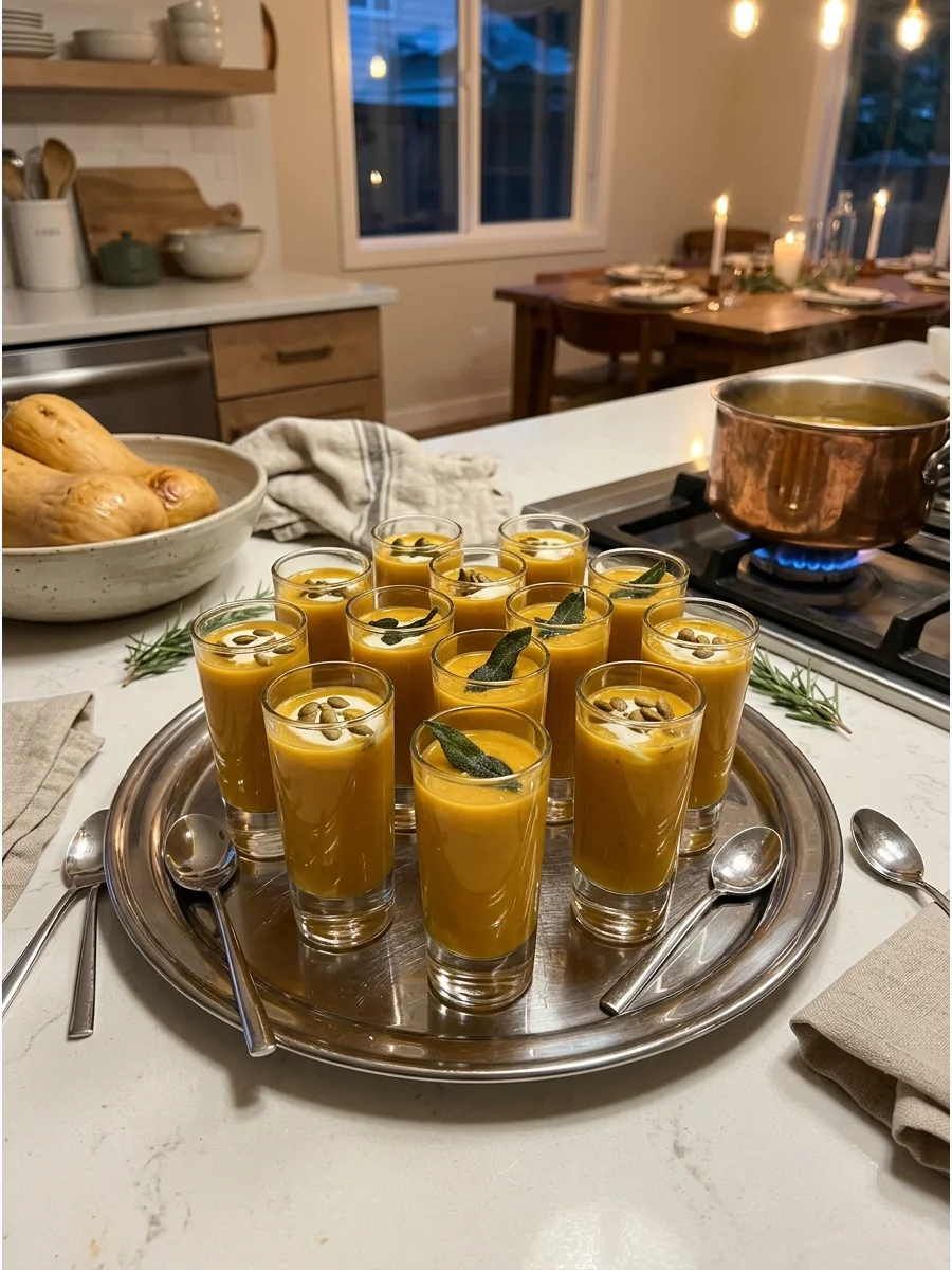 Creamy butternut squash soup served in glass shooters.