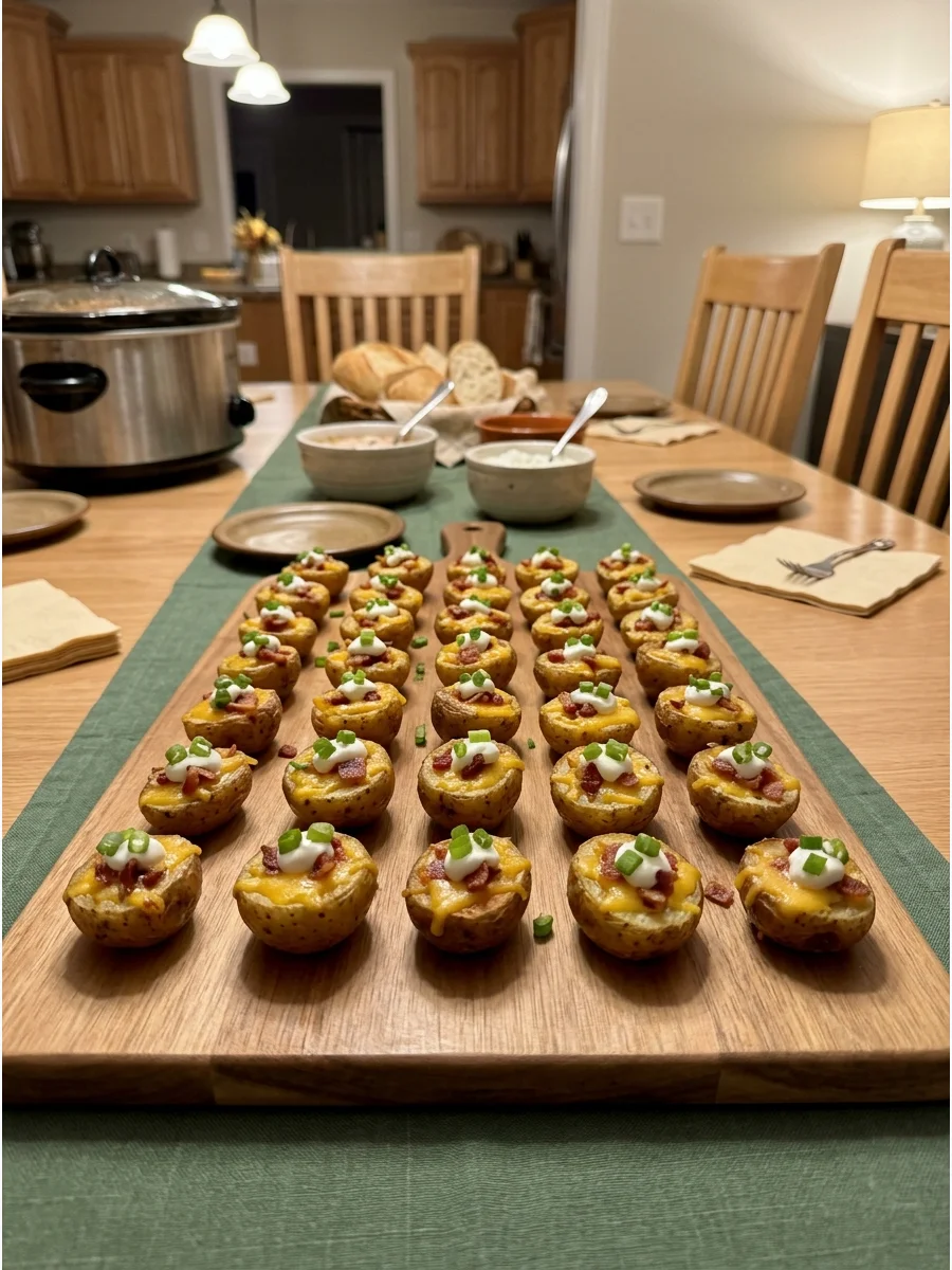 Small roasted potatoes topped with cheese and bacon on a wooden tray.