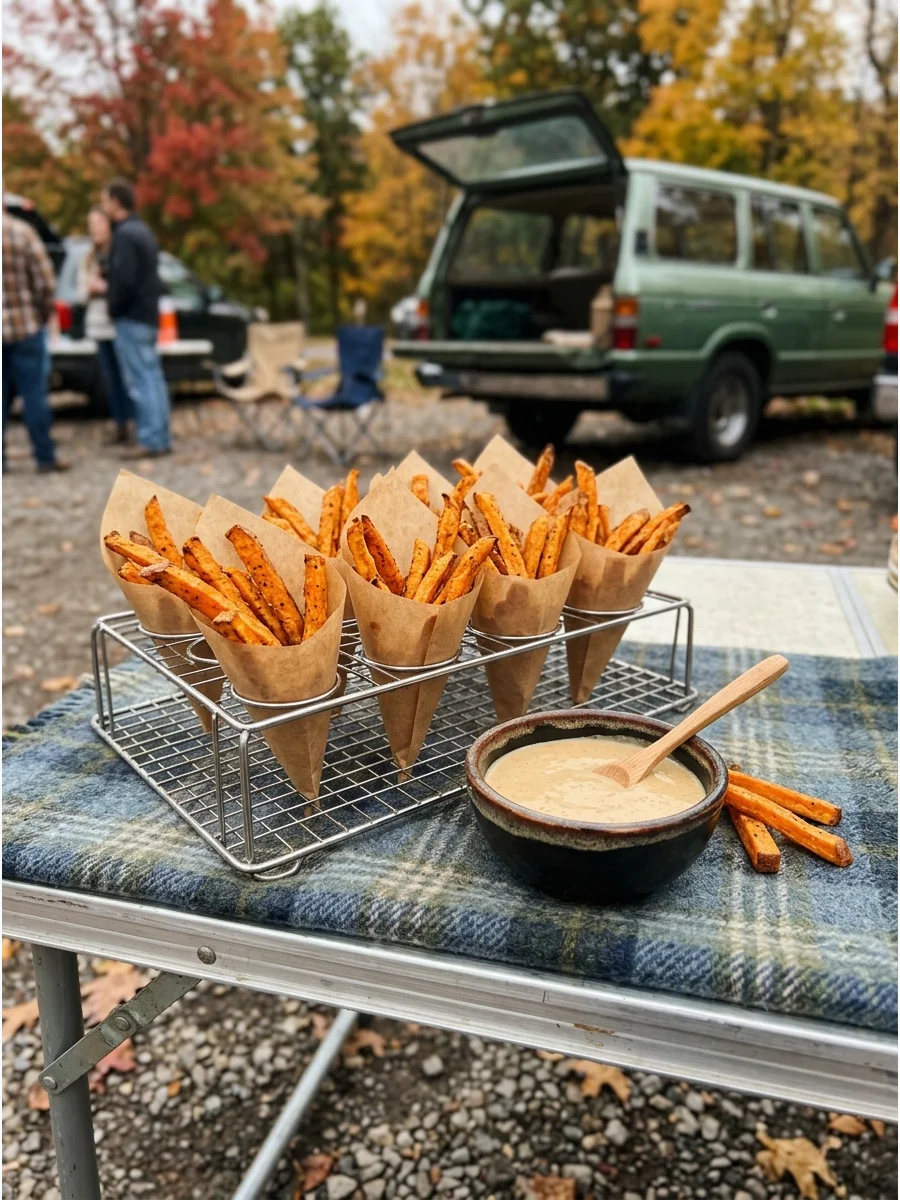 Sweet potato fries in paper cones with a side of maple dip.
