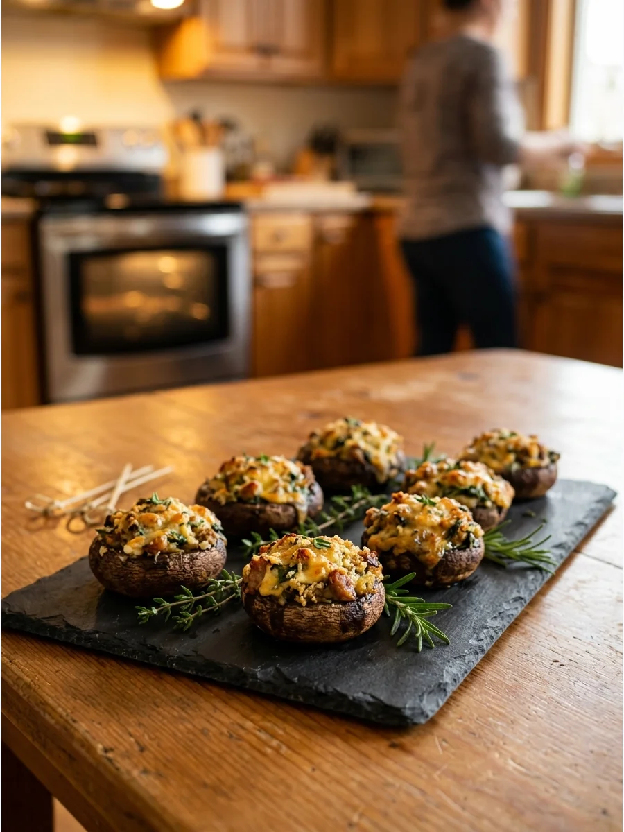 Sausage stuffed mushrooms arranged on a dark slate serving board.