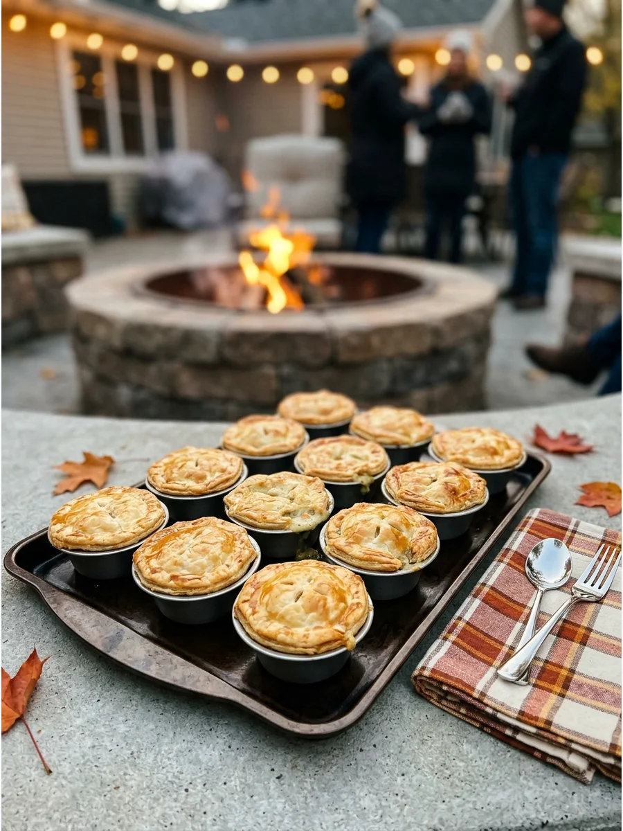 Mini chicken pot pies with flaky golden crusts on a wooden table.