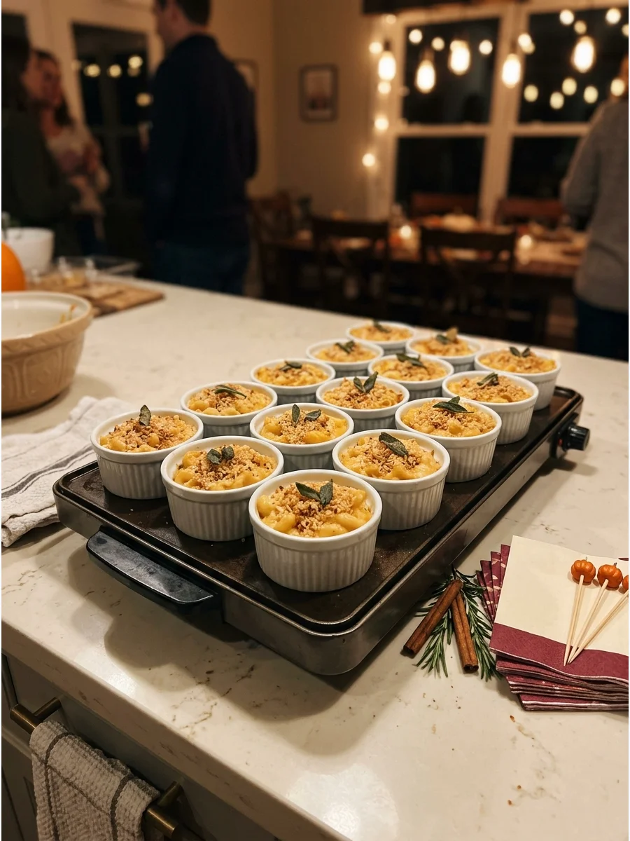 Individual ramekins of creamy pumpkin macaroni and cheese.