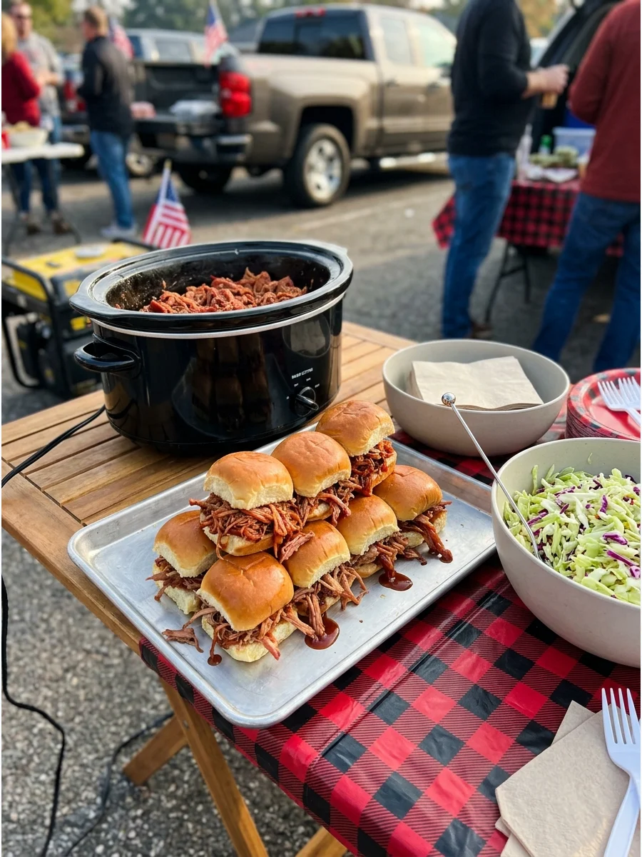 Pulled pork sliders on brioche buns served on a metal tray.