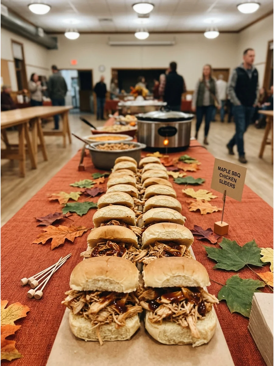Maple barbecue chicken sliders arranged in rows on a buffet table.