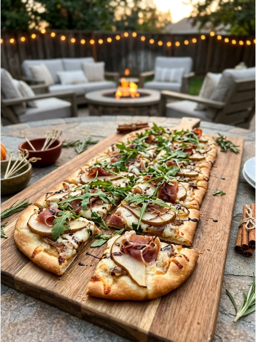 Flatbread topped with pears and prosciutto on a wooden cutting board.