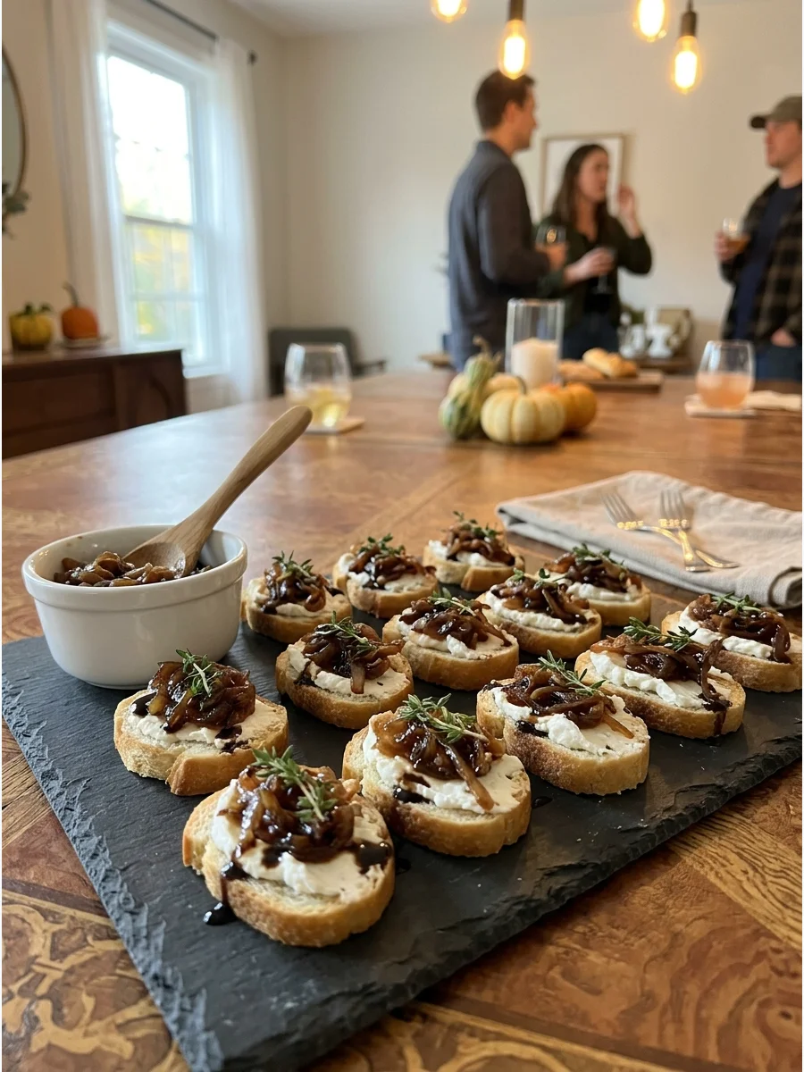 Goat cheese and onion crostini on slate.