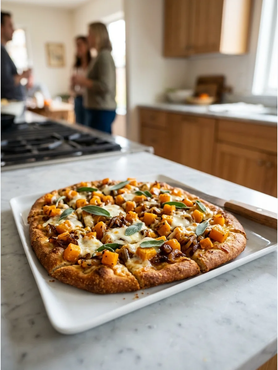 Butternut squash and sage flatbread sliced into squares.