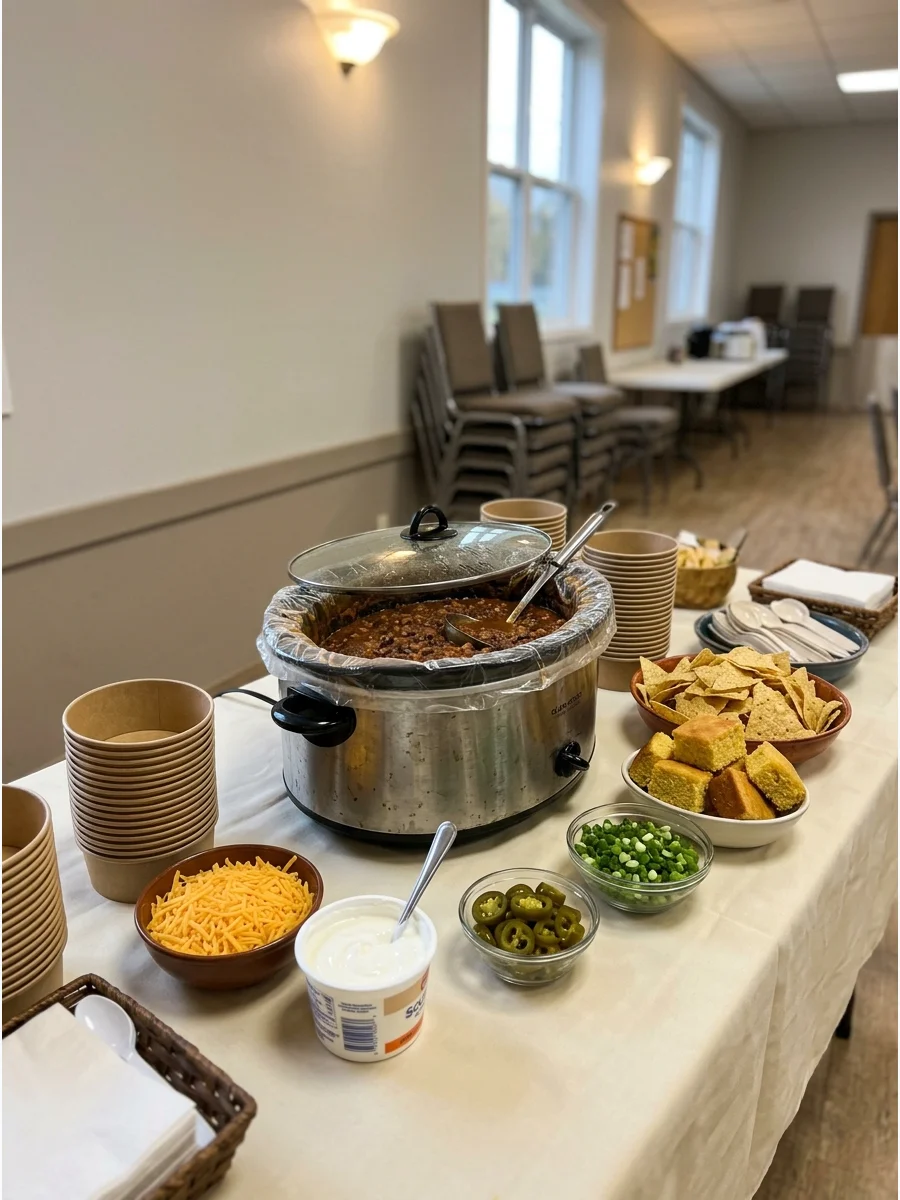 A slow cooker filled with beef chili next to bowls of toppings.