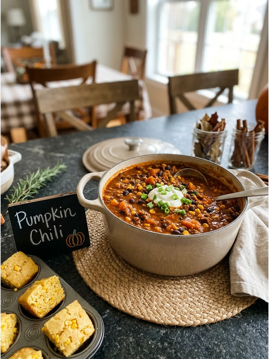 A pot of pumpkin chili served with a side of cornbread.