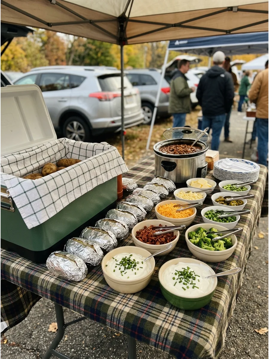 A DIY baked potato station with various toppings in small bowls.