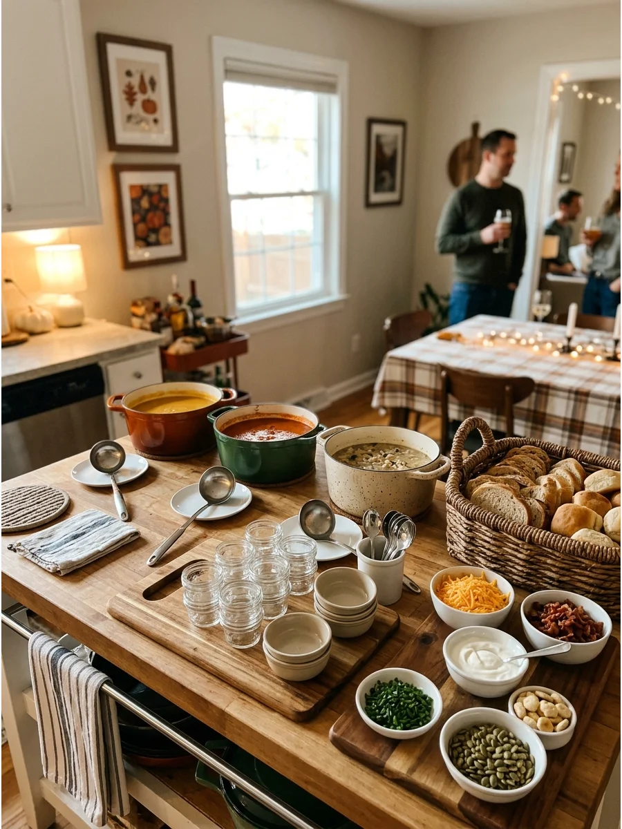 A soup bar featuring butternut squash and potato leek soups.