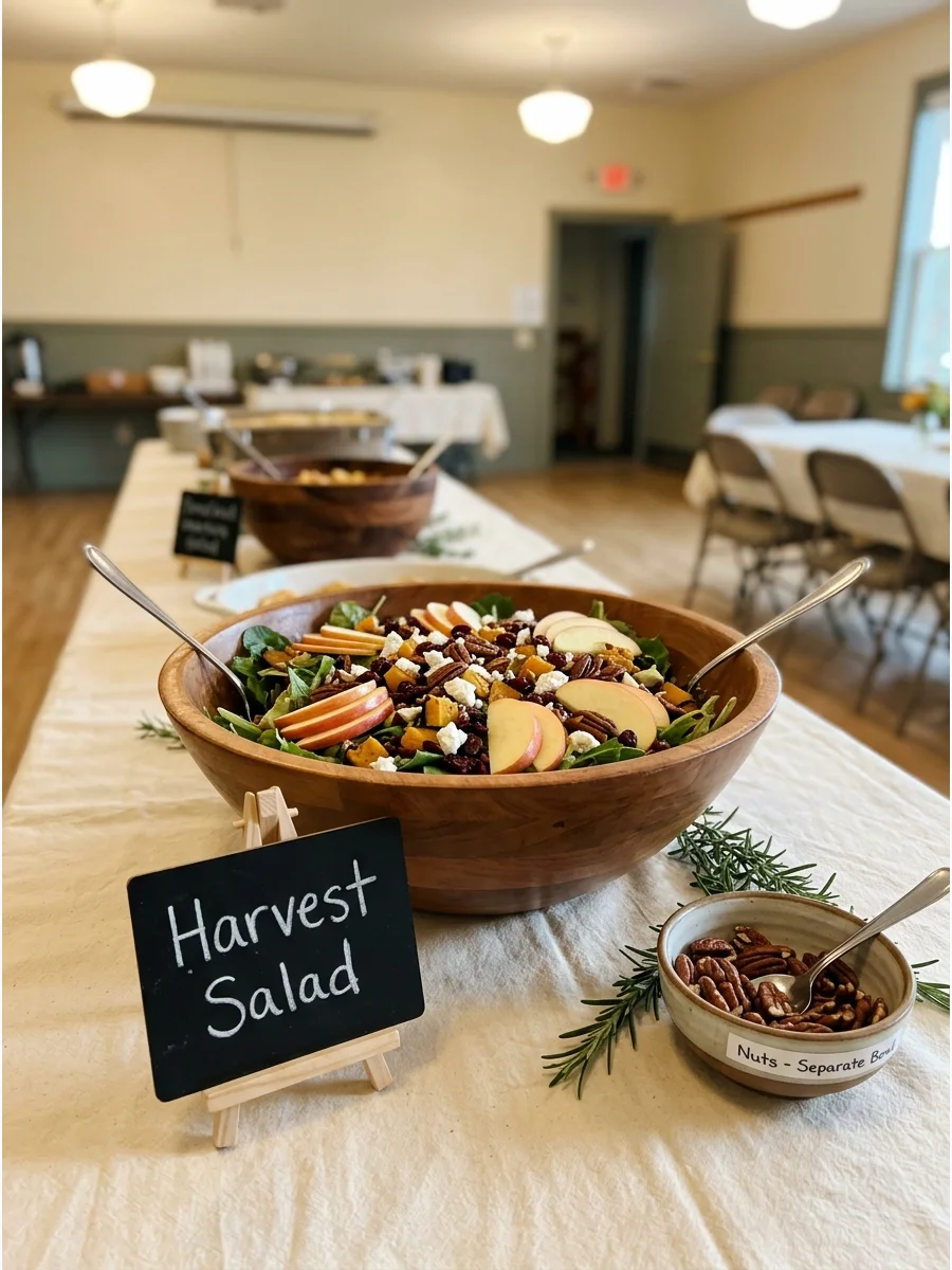 A harvest salad with apples, pecans, and goat cheese in a wooden bowl.