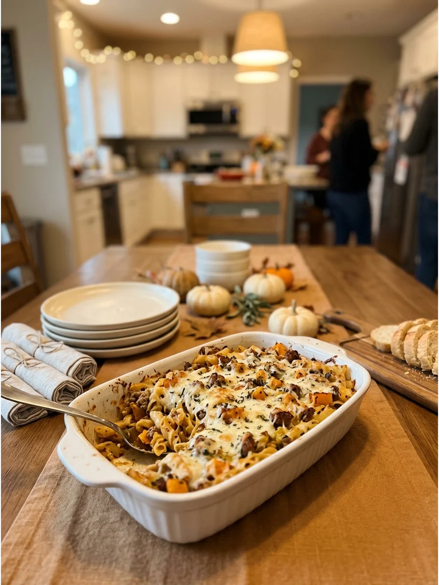 A baked pasta dish with sausage and cubes of butternut squash.