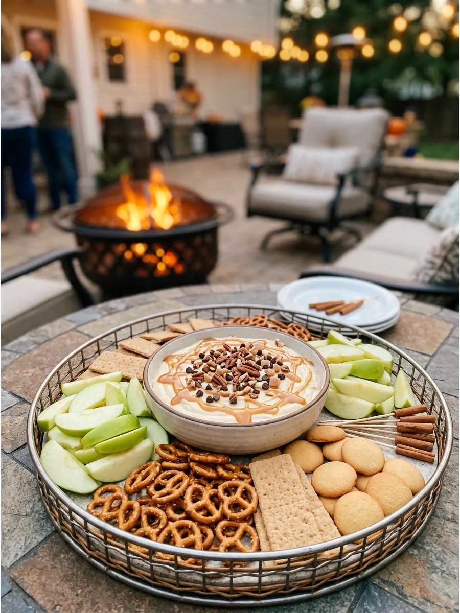 A bowl of creamy caramel dip surrounded by fresh apple slices.