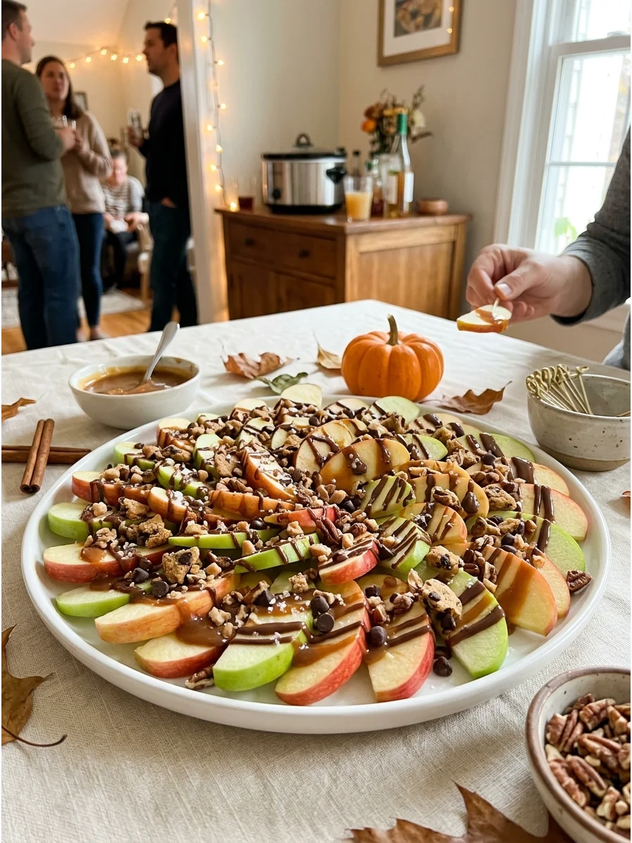 Apple nachos topped with caramel, chocolate, and crushed nuts.
