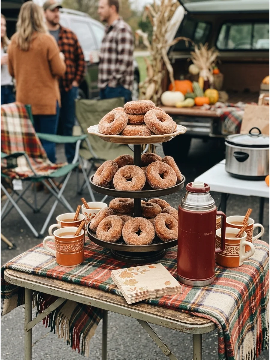 A stack of apple cider donuts on a wooden serving board.