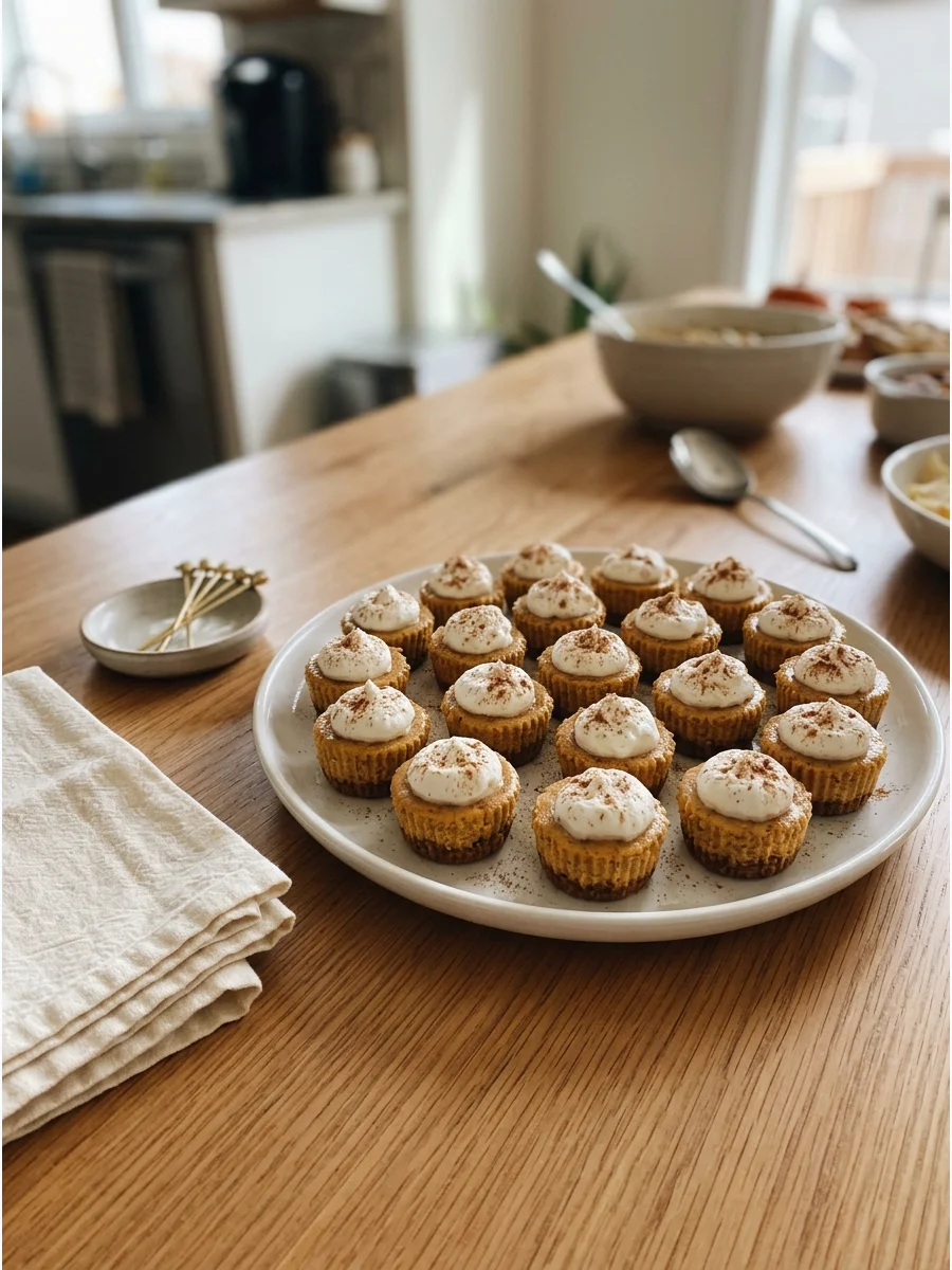 Miniature pumpkin cheesecake bites topped with whipped cream on a white serving plate.