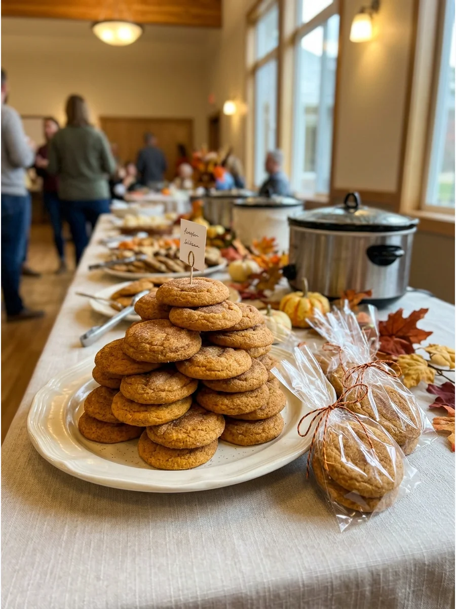 A stack of pumpkin snickerdoodle cookies coated in cinnamon sugar on a buffet table.