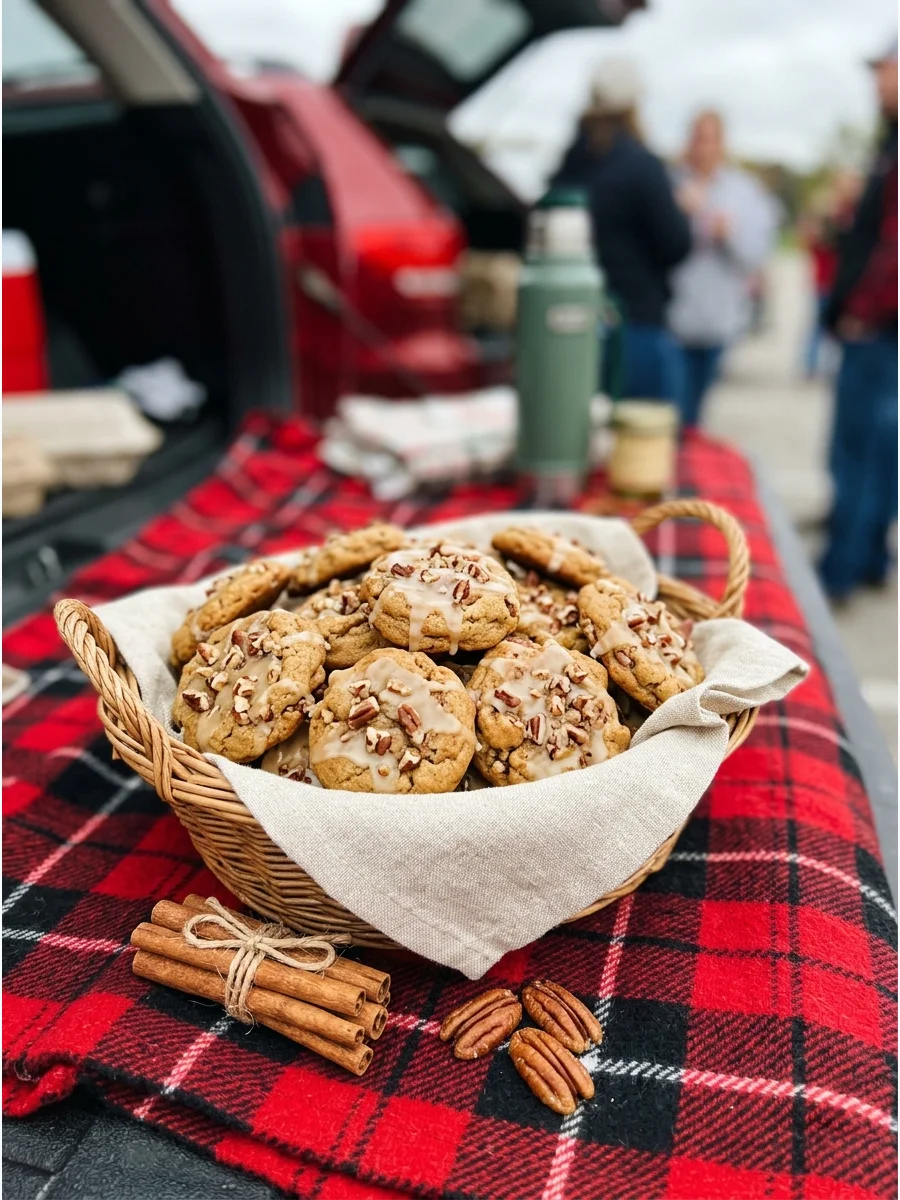 Maple pecan cookies with a light glaze inside a brown wicker basket.