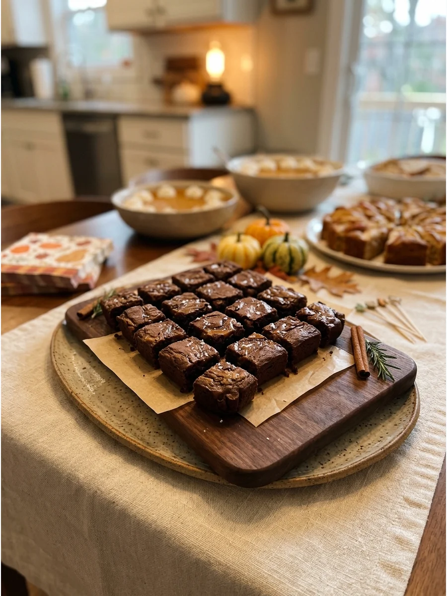 Bite-sized chocolate brownies topped with salted caramel on a wooden board.