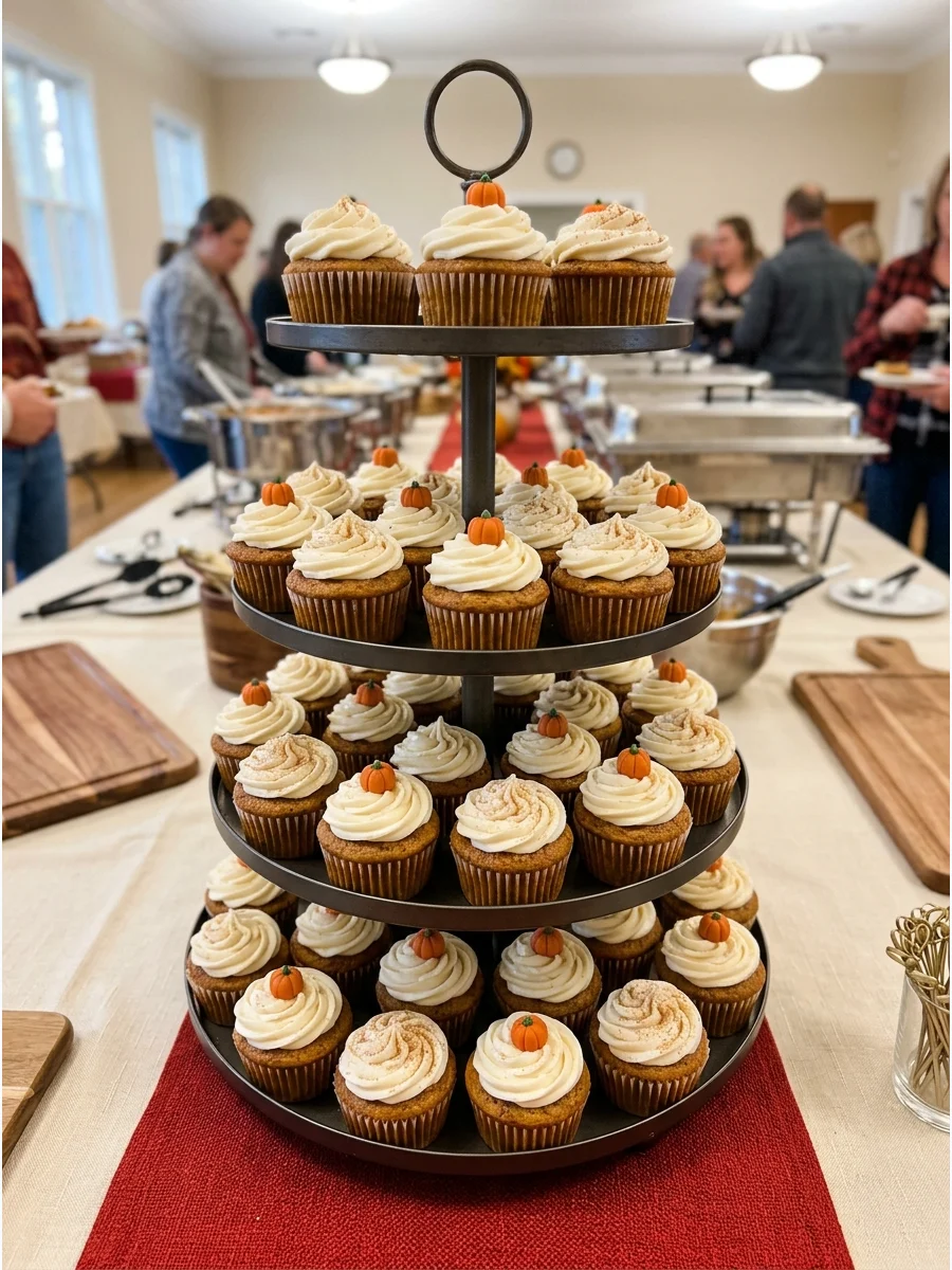 Pumpkin spice cupcakes with cream cheese frosting arranged on a three-tiered serving stand.