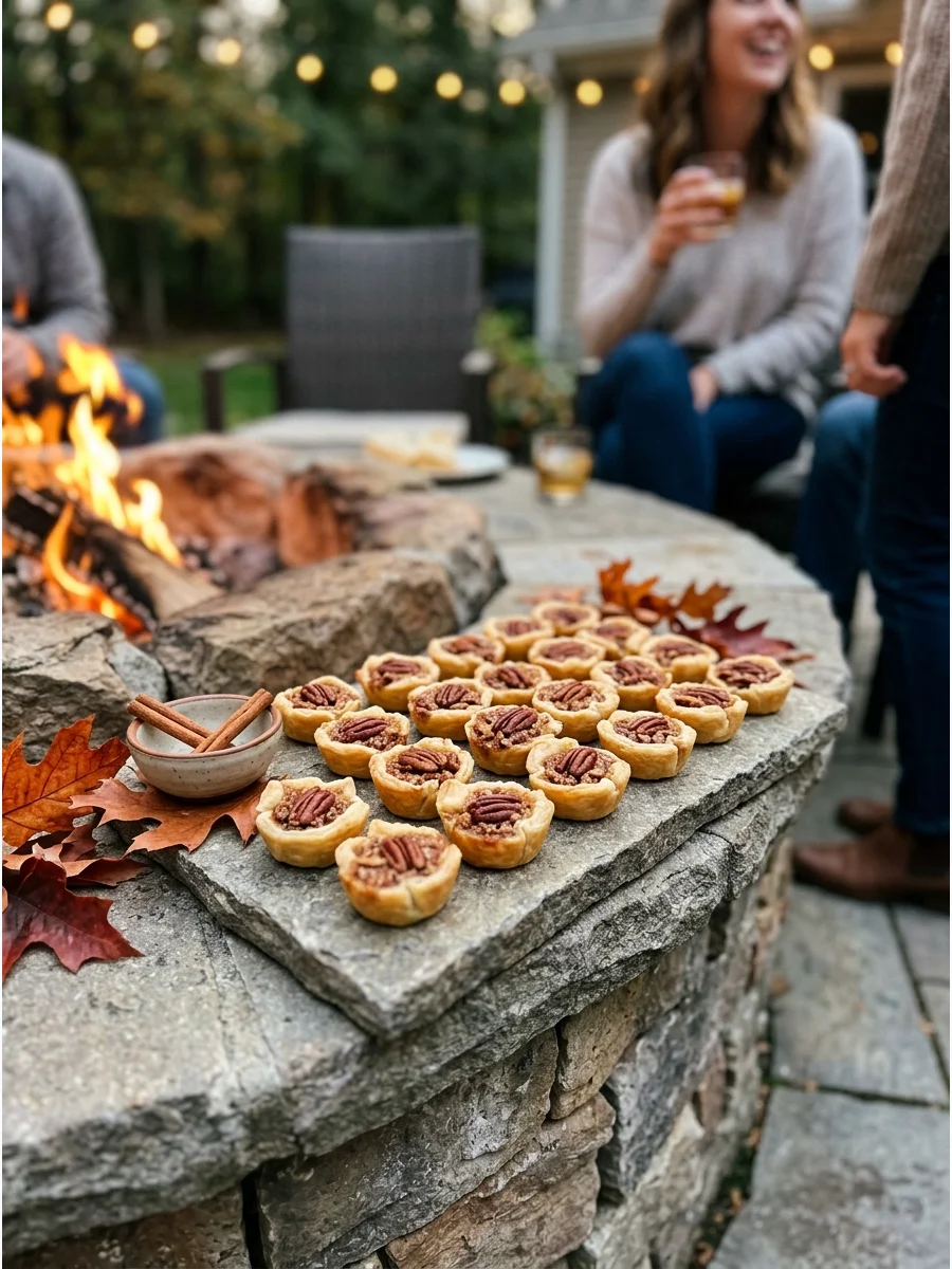 Miniature pecan pies in small pastry shells served on a stone tray.