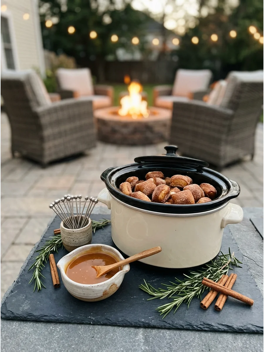 Warm cinnamon sugar pretzel bites in a bowl with a side of caramel dipping sauce.