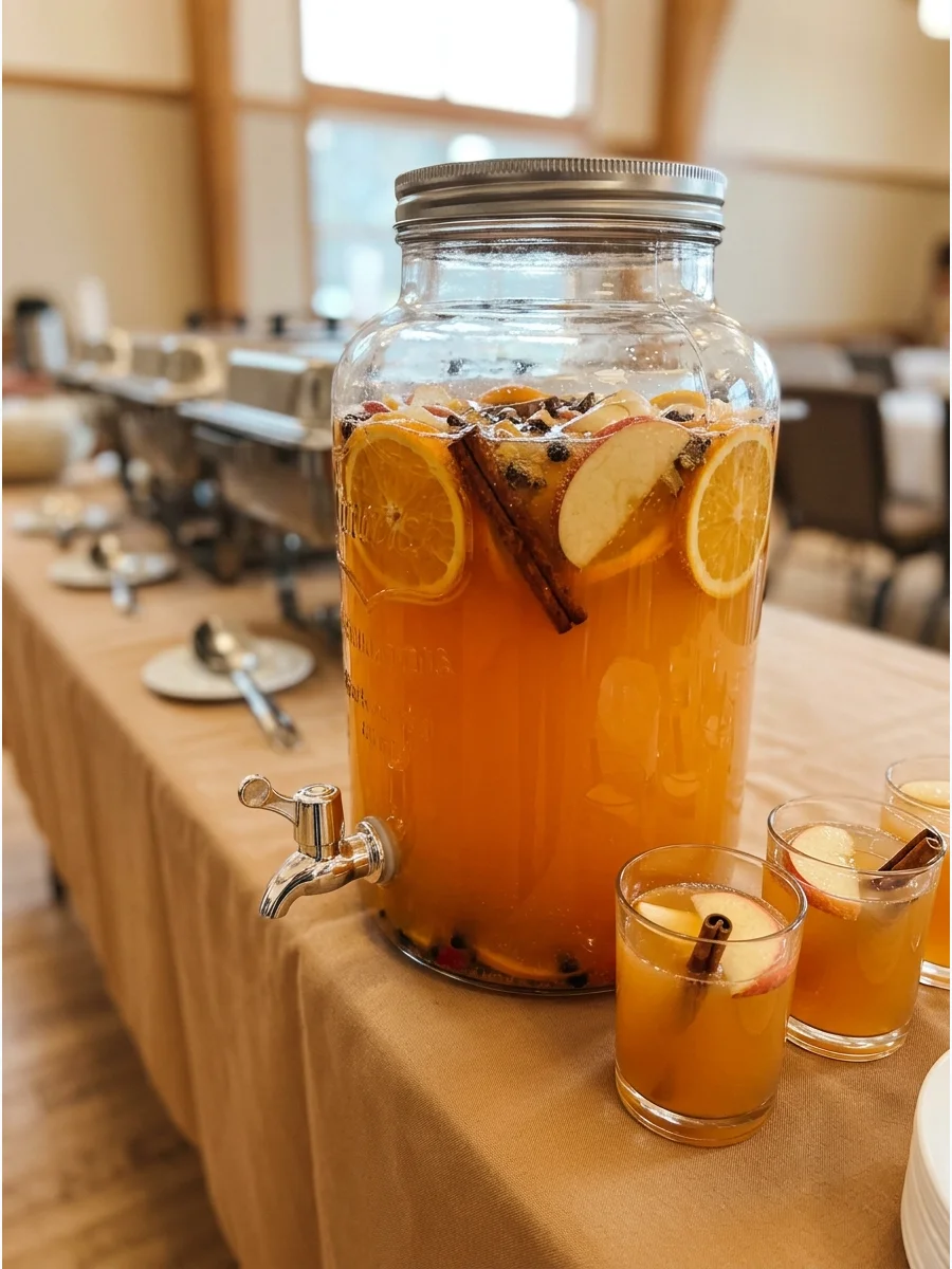 A glass drink dispenser filled with apple cider punch and cinnamon sticks.