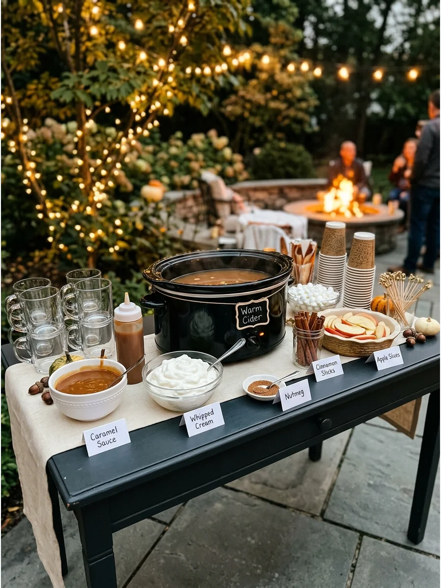 A warm apple cider bar setup with a slow cooker and various dessert toppings.