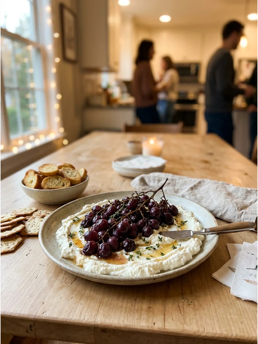 Whipped feta dip with roasted grapes.