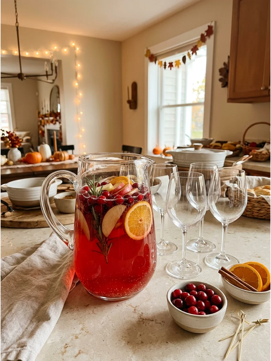 A pitcher of sparkling cranberry apple punch garnished with rosemary and fresh cranberries.