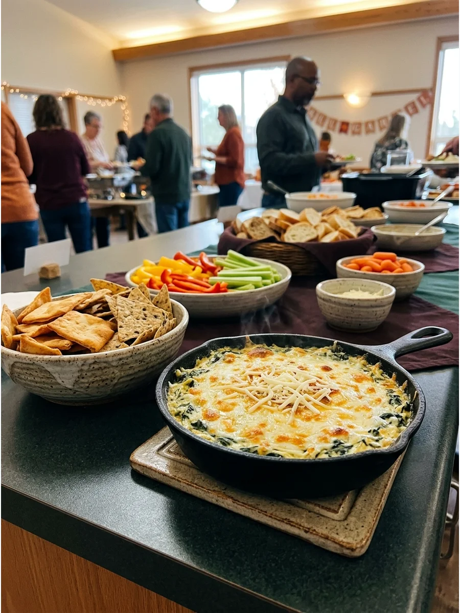 Hot spinach artichoke dip in a skillet.