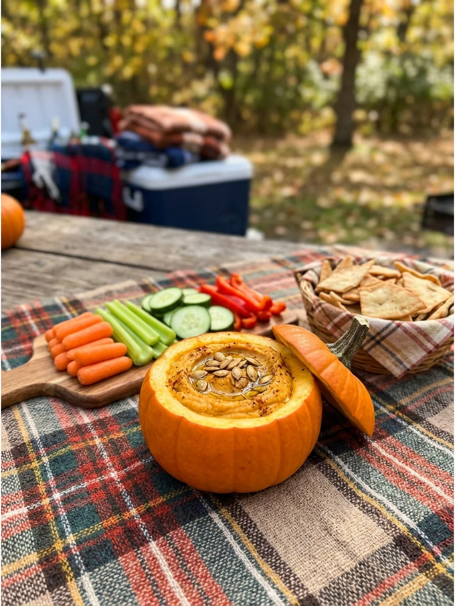 Pumpkin hummus served in a small pumpkin.