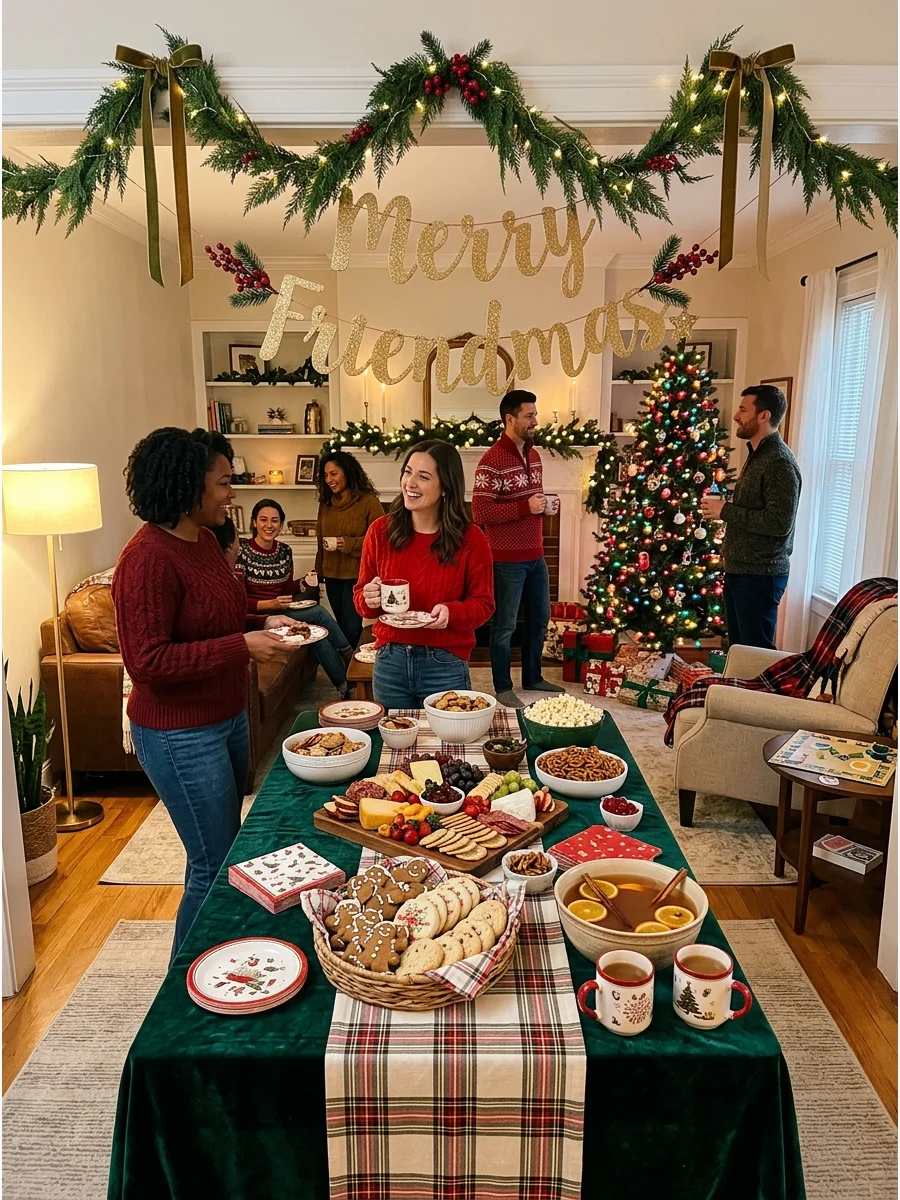 A living room decorated for a classic Friendmas party with red and green accents.