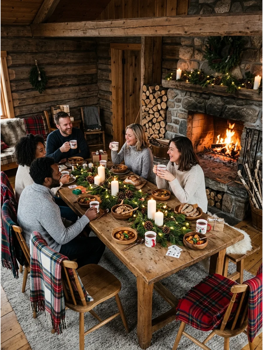 A rustic cabin setting with natural wood decor and a glowing fireplace.