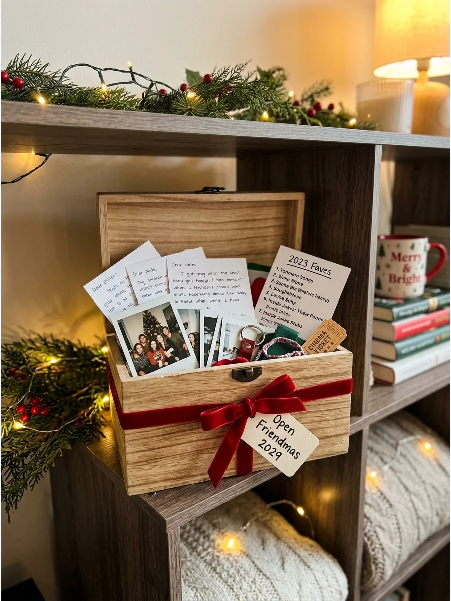 A wooden time capsule box on a shelf with a date tag.