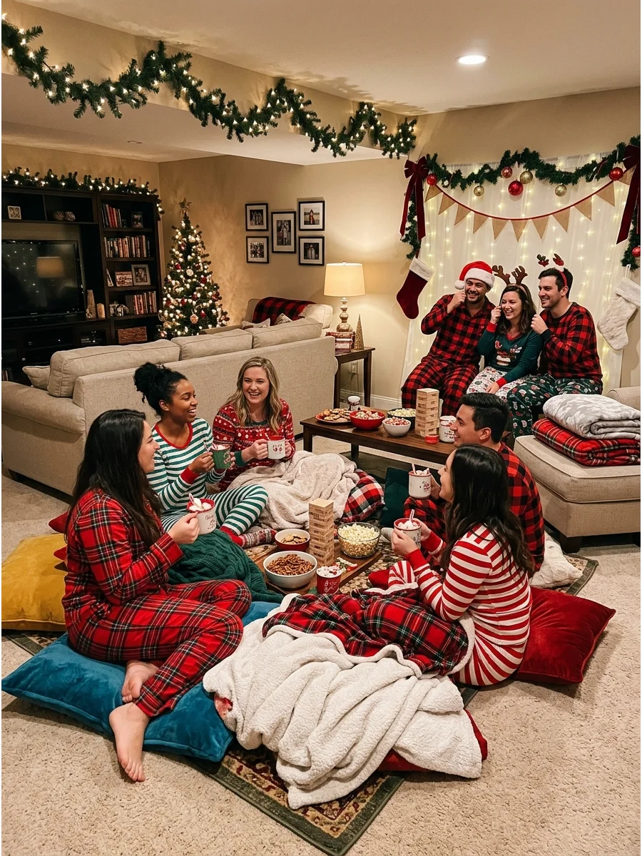 Friends in matching Christmas pajamas relaxing on floor cushions in a cozy basement.