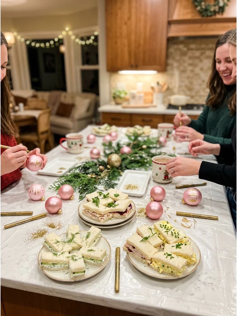 A stylish girls night Friendmas setup with pink decor and a craft station.