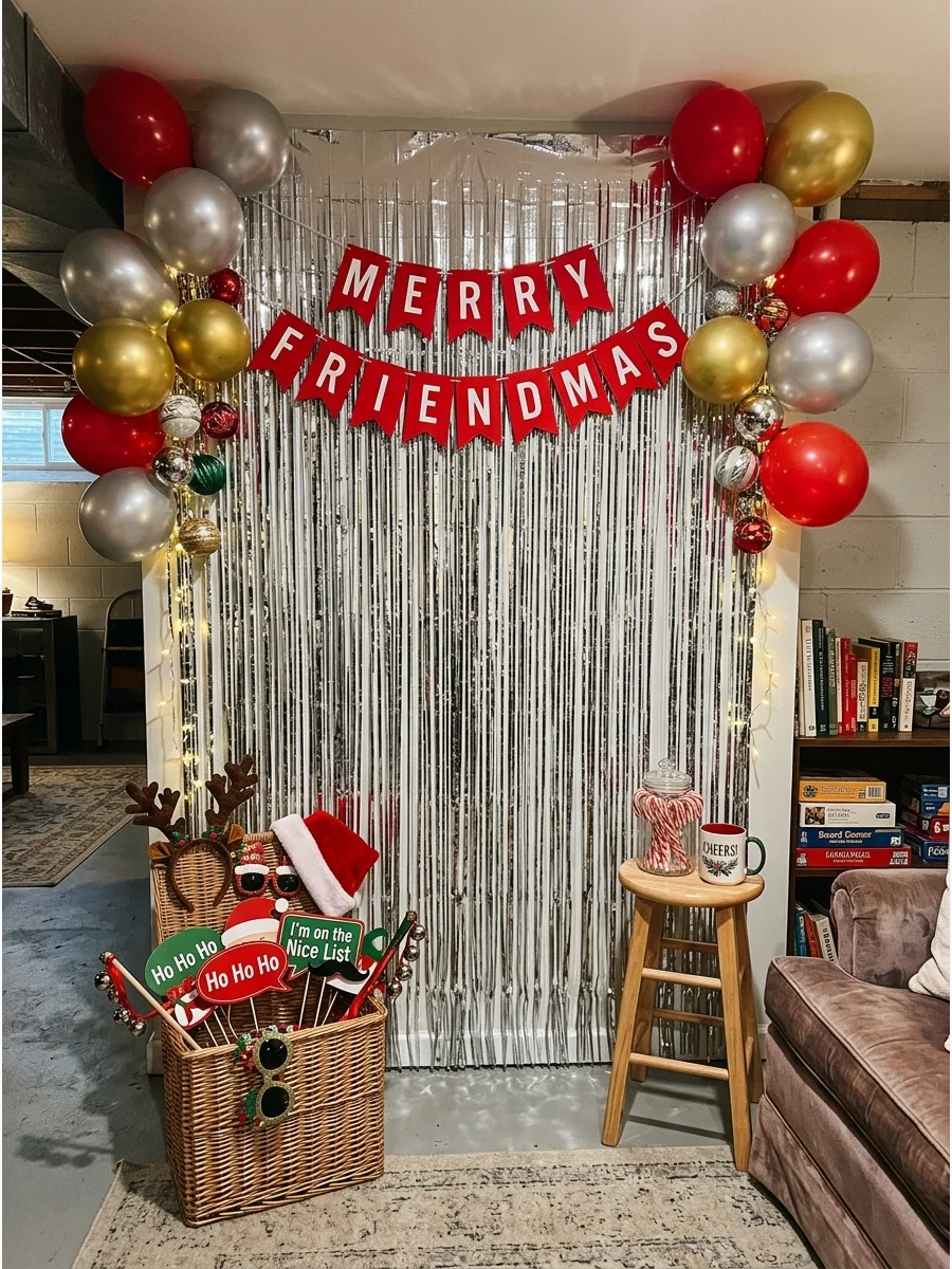 A silver tinsel photo backdrop on a basement wall with holiday props.